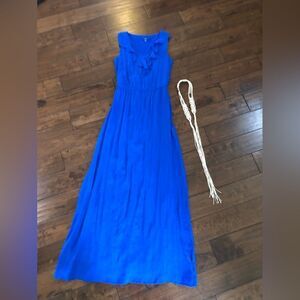 Women’s Maxi Dress Royal Blue Ruffle V Neck Removable Hemp Tie Belt S B2G2 FREE